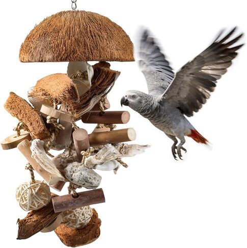 Natural Bird Toys for Parrots – 18in Handmade Shredding & Foraging Toy with Coconut Shells, Wood Blocks & Lava Stones – Parrot Toys for Sun Conures, Conures, Caiques, Cockatiels, Quaker Parrots in Kuwait