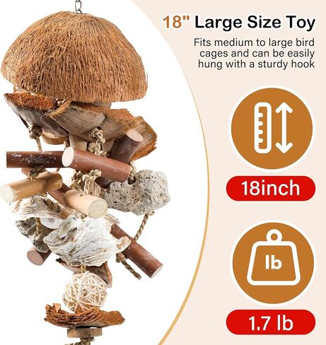 Natural Bird Toys for Parrots – 18in Handmade Shredding & Foraging Toy with Coconut Shells, Wood Blocks & Lava Stones – Parrot Toys for Sun Conures, Conures, Caiques, Cockatiels, Quaker Parrots in Kuwait