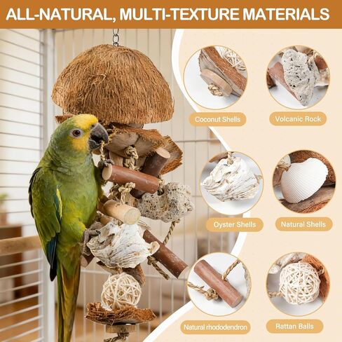 Natural Bird Toys for Parrots – 18in Handmade Shredding & Foraging Toy with Coconut Shells, Wood Blocks & Lava Stones – Parrot Toys for Sun Conures, Conures, Caiques, Cockatiels, Quaker Parrots in Kuwait