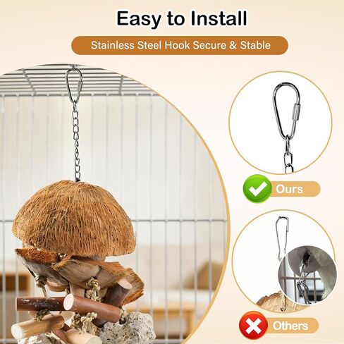 Natural Bird Toys for Parrots – 18in Handmade Shredding & Foraging Toy with Coconut Shells, Wood Blocks & Lava Stones – Parrot Toys for Sun Conures, Conures, Caiques, Cockatiels, Quaker Parrots in Kuwait