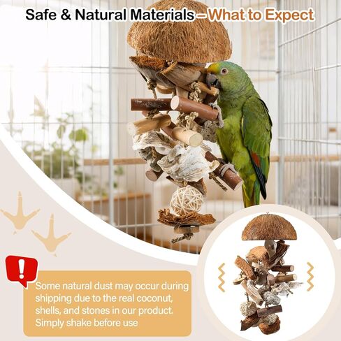 Natural Bird Toys for Parrots – 18in Handmade Shredding & Foraging Toy with Coconut Shells, Wood Blocks & Lava Stones – Parrot Toys for Sun Conures, Conures, Caiques, Cockatiels, Quaker Parrots in Kuwait