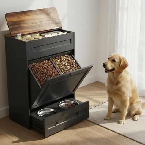 Elevated Dog Feeding Station with Storage Cabinet, Dog Food Storage with Pull-Out Slow Feeder Bowls, Dog Storage Organizer with Drawers & Side Hooks for Medium Large Dogs (Black) in Kuwait