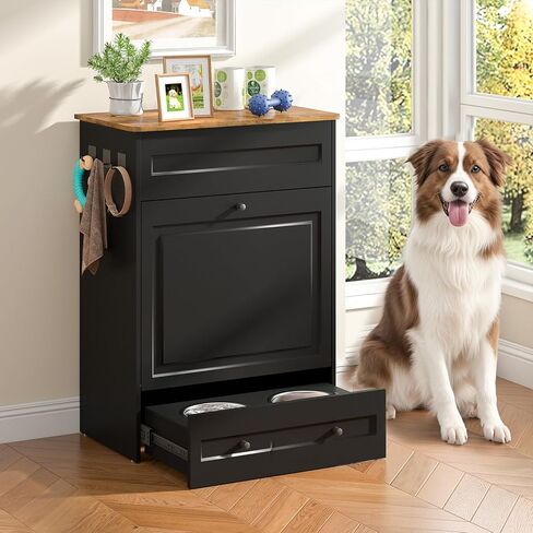 Elevated Dog Feeding Station with Storage Cabinet, Dog Food Storage with Pull-Out Slow Feeder Bowls, Dog Storage Organizer with Drawers & Side Hooks for Medium Large Dogs (Black) in Kuwait