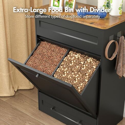 Elevated Dog Feeding Station with Storage Cabinet, Dog Food Storage with Pull-Out Slow Feeder Bowls, Dog Storage Organizer with Drawers & Side Hooks for Medium Large Dogs (Black) in Kuwait