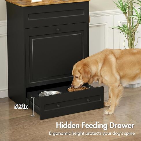 Elevated Dog Feeding Station with Storage Cabinet, Dog Food Storage with Pull-Out Slow Feeder Bowls, Dog Storage Organizer with Drawers & Side Hooks for Medium Large Dogs (Black) in Kuwait