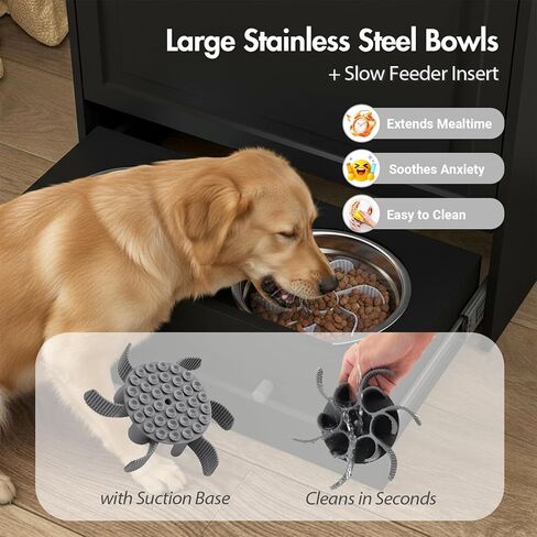 Elevated Dog Feeding Station with Storage Cabinet, Dog Food Storage with Pull-Out Slow Feeder Bowls, Dog Storage Organizer with Drawers & Side Hooks for Medium Large Dogs (Black) in Kuwait