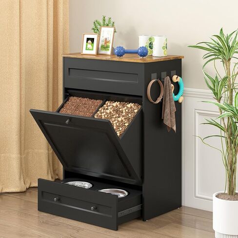 Elevated Dog Feeding Station with Storage Cabinet, Dog Food Storage with Pull-Out Slow Feeder Bowls, Dog Storage Organizer with Drawers & Side Hooks for Medium Large Dogs (Black) in Kuwait