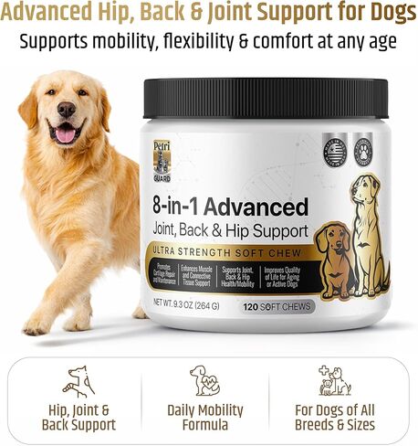 PetriGuard | Advanced Hip, Back & Joint Supplement for Dogs | Ultra Strength Formula w/ 8 Active Ingredients | USA Made & Veterinarian Approved | Glucosamine, Turmeric, MSM + 5 More - 120 Chews in Kuwait