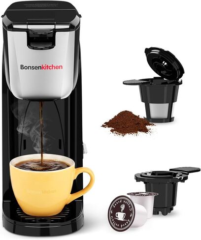 Bonsenkitchen 2 في 1 ماكينة صنع القهوة الفردية لكوب K والقهوة المطحونة، تخمير سريع (6-14 أونصة)، ماكينة قهوة كوب واحد مع كوب سفر، موفرة للمساحة للمنزل والمكتب والنوم in Kuwait