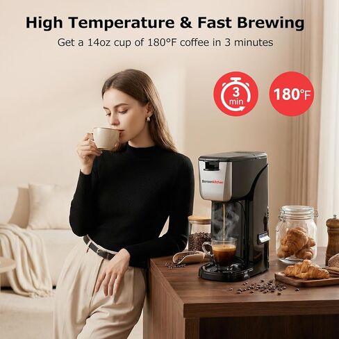 Bonsenkitchen 2 في 1 ماكينة صنع القهوة الفردية لكوب K والقهوة المطحونة، تخمير سريع (6-14 أونصة)، ماكينة قهوة كوب واحد مع كوب سفر، موفرة للمساحة للمنزل والمكتب والنوم in Kuwait
