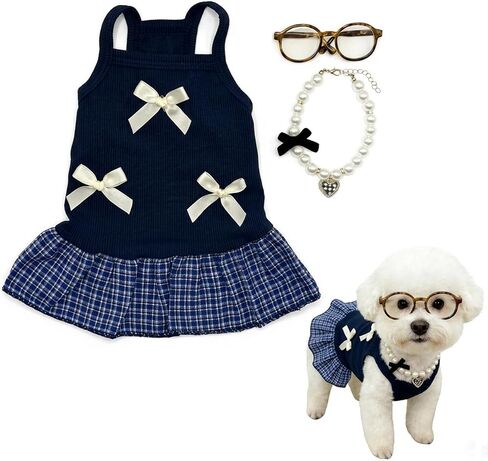 Dog Dresses, Plaid Pet Dress with Glasses and Pearl Necklace, Cute Pet Clothes Outfit Breathable Puppy Skirt Costume for Small Dog Cat Girls, Parties & Photos Favorite (Navy Blue, S) in Kuwait