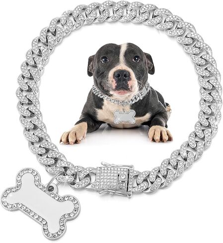 Hillban Golden Dog Chain Diamond Collar Necklace with Pet ID Jewelry Tags Rhinestones Stainless Steel Metal Link Collar Walking Chain for Christmas Puppy Boys Girls Gift Small Dogs (8 Inch) in Kuwait