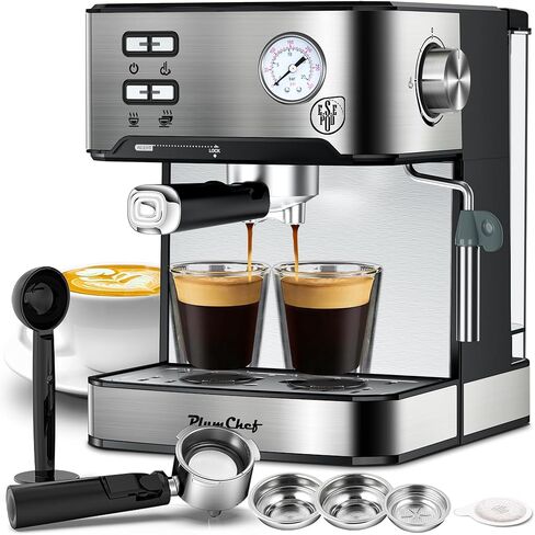 Plum chef 20 Bar Espresso Machine with Milk Frother, Dual Shot Coffee Maker, ESE Pod, Coffee Machine with Pressure Display, 54 OZ Removable Water Tank for Home Barista (Silver) in Kuwait