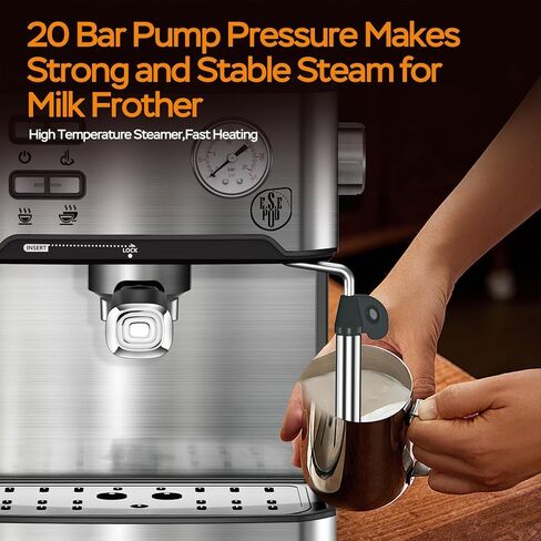 Plum chef 20 Bar Espresso Machine with Milk Frother, Dual Shot Coffee Maker, ESE Pod, Coffee Machine with Pressure Display, 54 OZ Removable Water Tank for Home Barista (Silver) in Kuwait