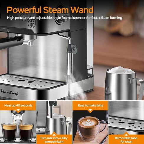 Plum chef 20 Bar Espresso Machine with Milk Frother, Dual Shot Coffee Maker, ESE Pod, Coffee Machine with Pressure Display, 54 OZ Removable Water Tank for Home Barista (Silver) in Kuwait