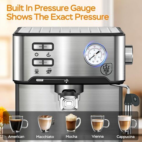 Plum chef 20 Bar Espresso Machine with Milk Frother, Dual Shot Coffee Maker, ESE Pod, Coffee Machine with Pressure Display, 54 OZ Removable Water Tank for Home Barista (Silver) in Kuwait