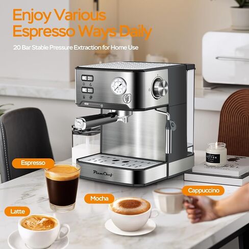 Plum chef 20 Bar Espresso Machine with Milk Frother, Dual Shot Coffee Maker, ESE Pod, Coffee Machine with Pressure Display, 54 OZ Removable Water Tank for Home Barista (Silver) in Kuwait