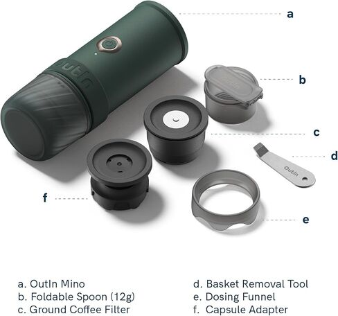 OutIn Mino Portable Electric Espresso Machine, Mini Camping Coffee Maker for Travel, Pocket Sized Coffee Machine Self-Heating, Ground Coffee & NS Capsule Adapter For Adventure in Kuwait