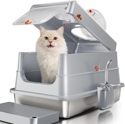 Stainless Steel Cat Litter Box with Lid, Extra Large Enclosed Metal Litter Pan with High Sides, Full Flip Cover Litter Box for Large Cat, Include Scoop & Step, Leak Proof Easy Clean Odor Control, Grey in Kuwait