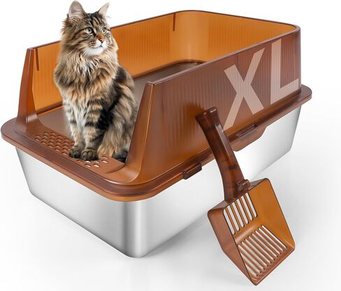Semi-Enclosed Stainless Steel Cat Litter Box, Extra Large Litter Box for Big Cats, High Sided Metal Litter Pan with Scoop, Odors Control, Anti-Urine Leakage, Easy Cleaning in Kuwait