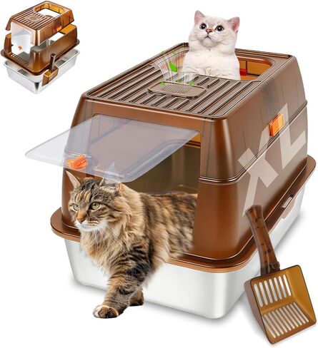 Semi-Enclosed Stainless Steel Cat Litter Box, Extra Large Litter Box for Big Cats, High Sided Metal Litter Pan with Scoop, Odors Control, Anti-Urine Leakage, Easy Cleaning in Kuwait