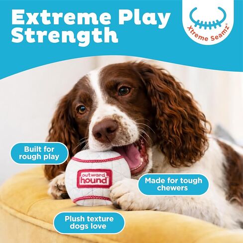 لعبة الكلب Outward Hound Xtreme Seamz، درزات معززة وخياطة متعددة، قطيفة متينة مع أصوات صرير، بيسبول، 4.7 بوصة in Kuwait