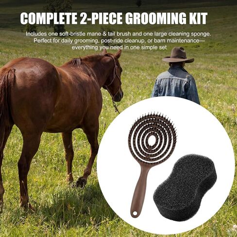 Horse Grooming Set with Mane & Tail Brush and Soft Cleaning Sponge – for Daily Coat Care, Removing Dirt, Sweat & Loose Hair in Kuwait