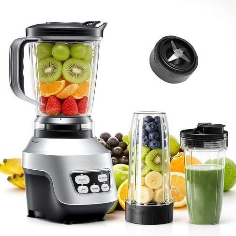NEWBULIG Smoothie Blender with 6 Blades, Countertop Blenders with 24 34 60 oz BPA-Free Cups, Large Capacity, Portable and Easy Clean, for Kitchen, Ice Crush, Shakes, Sauces, Juice, Silver in Kuwait
