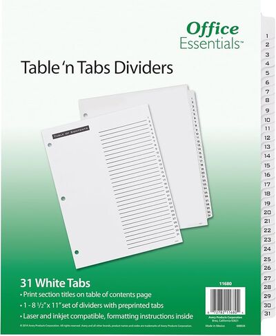 فواصل الطاولة وعلامات التبويب من Office Essentials 11680، 31 قرصًا، حرف - أبيض in Saudi Arabia