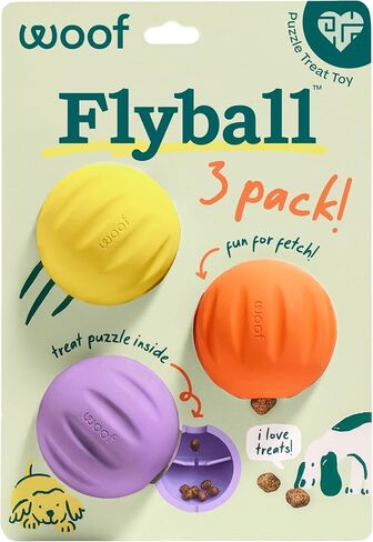 WOOF Flyball - 2-in-1 Fetch Ball and Dog Treat Dispenser Toy - Interactive Puzzle for Enrichment - Fits Standard Ball Launchers - Durable, Tooth-Friendly Rubber - The Perfect Dog Gift - 3 Pack in Saudi Arabia