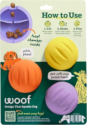 WOOF Flyball - 2-in-1 Fetch Ball and Dog Treat Dispenser Toy - Interactive Puzzle for Enrichment - Fits Standard Ball Launchers - Durable, Tooth-Friendly Rubber - The Perfect Dog Gift - 3 Pack in Saudi Arabia