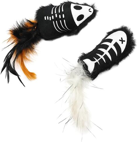 Halloween Cat Toys – 2-Pack Interactive Plush Fishbone and Mouse Bone Catnip Toys with Feather Tails for Indoor Cats in Kuwait