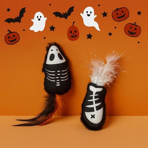 Halloween Cat Toys – 2-Pack Interactive Plush Fishbone and Mouse Bone Catnip Toys with Feather Tails for Indoor Cats in Kuwait