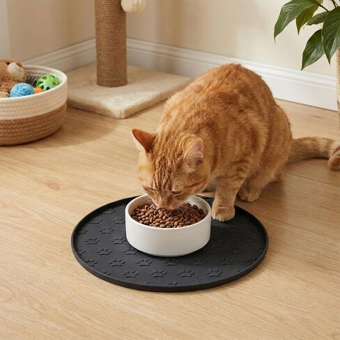 Silicone Dog Food Mat Small, 10.6'' Black Pet Food Mat, Round Dog Cat Foods Mats Small, Silicone Mats for Dogs Bowls, Waterproof Non-Slip Dogs Cat Water Bowl Placemat with Raised Edge in Kuwait