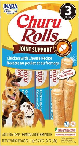 INABA Churu Rolls دعم المفاصل للكلاب، علاج عملي للكلاب قابل لللعق مع مستخلص التورين والشاي الأخضر، 1.26 أونصة لكل منهما، إجمالي 18 أنبوبًا، وصفة الدجاج مع الجبن in Kuwait