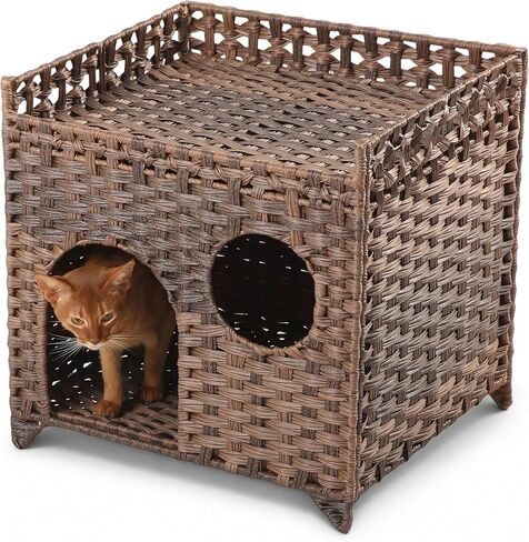 Wicker Cat House for 1-2 Cats Under 20 lb, No Assembly Foldable Cat Condo with Window and Door, Multi-Cat Hideout Indoor, Breathable Waterpoof Cat Bed House with Top Lounge Perch (Brown) in Kuwait