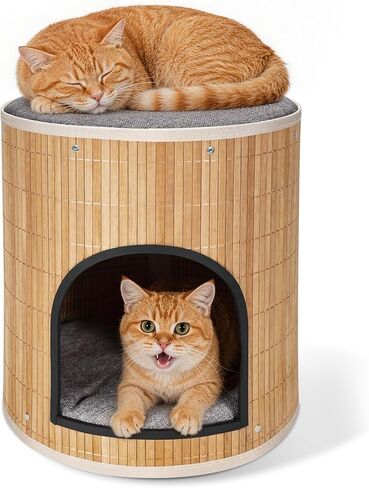 Cat Beds Indoor House, Handwoven Bamboo Cat Cave Pet Cube, Large Cat Houses, 2 Bed Mat, Foldable,Hideaway, 15.9x13.9 Inches, Living Room Bedroom Terrace Home Decoration Natural in Saudi Arabia