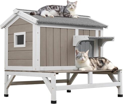 PetsCosset بيت القطط الخارجي، مأوى خشبي للقطط مع قماش داخلي مدمج للخدش، تصميم مكون من طابقين مقاوم للطقس، سقف قابل للفتح، قاعدة مرتفعة وشرفة in Kuwait