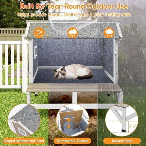 PetsCosset بيت القطط الخارجي، مأوى خشبي للقطط مع قماش داخلي مدمج للخدش، تصميم مكون من طابقين مقاوم للطقس، سقف قابل للفتح، قاعدة مرتفعة وشرفة in Kuwait