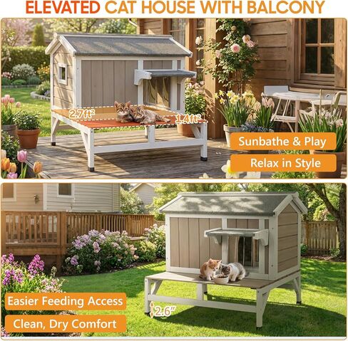 PetsCosset بيت القطط الخارجي، مأوى خشبي للقطط مع قماش داخلي مدمج للخدش، تصميم مكون من طابقين مقاوم للطقس، سقف قابل للفتح، قاعدة مرتفعة وشرفة in Kuwait