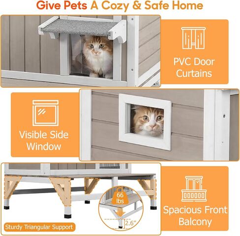 PetsCosset بيت القطط الخارجي، مأوى خشبي للقطط مع قماش داخلي مدمج للخدش، تصميم مكون من طابقين مقاوم للطقس، سقف قابل للفتح، قاعدة مرتفعة وشرفة in Kuwait