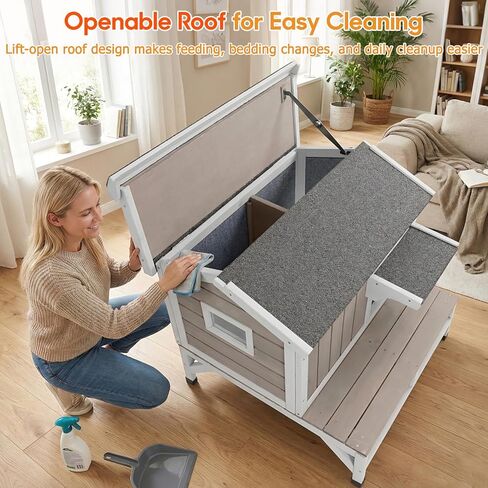 PetsCosset بيت القطط الخارجي، مأوى خشبي للقطط مع قماش داخلي مدمج للخدش، تصميم مكون من طابقين مقاوم للطقس، سقف قابل للفتح، قاعدة مرتفعة وشرفة in Kuwait