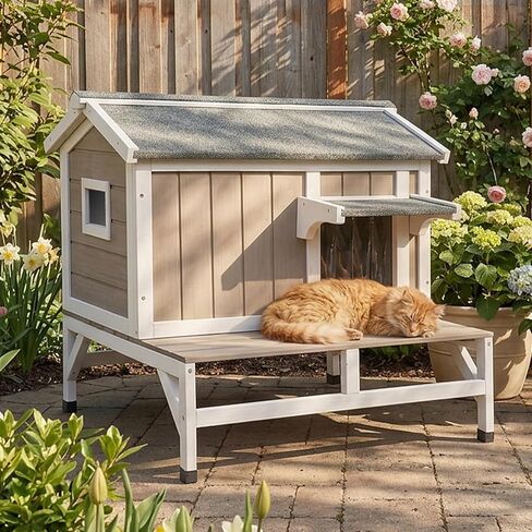 PetsCosset بيت القطط الخارجي، مأوى خشبي للقطط مع قماش داخلي مدمج للخدش، تصميم مكون من طابقين مقاوم للطقس، سقف قابل للفتح، قاعدة مرتفعة وشرفة in Kuwait