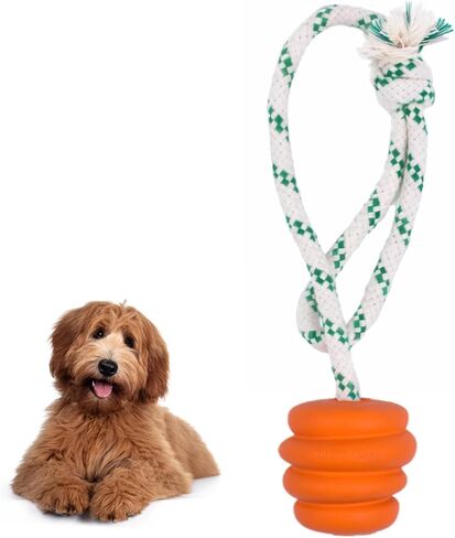 Green Sheep Natural Rubber Dog Ball Rope Toy, Interactive Dog Toy for Small to Large Dogs, Tug of War & Outdoor Play, Orange, Recycle Cotton Rope, Tough Dog Toys in Kuwait