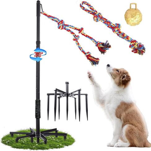 Upgrade Tether Tug Outdoor Dog Toy,Outdoor Tug Of War Toy in Park,Yard,Lawn,Tether Interactive Dog Tug Toy,2 Rope Toy and Bell Pull Chase and Solo Play,Tether Tug For Large Dogs,For Medium Small Dogs in Kuwait