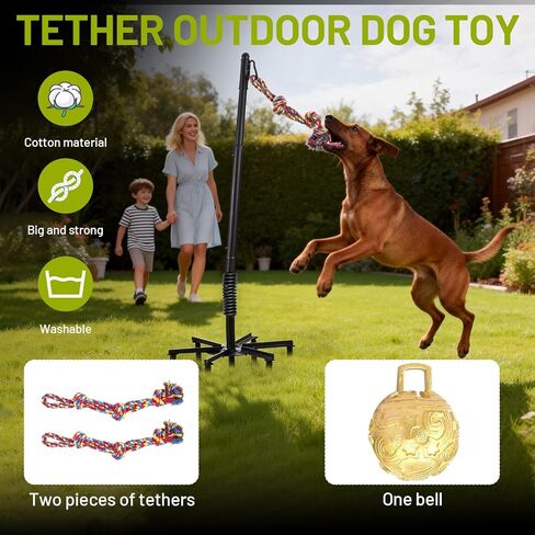 Upgrade Tether Tug Outdoor Dog Toy,Outdoor Tug Of War Toy in Park,Yard,Lawn,Tether Interactive Dog Tug Toy,2 Rope Toy and Bell Pull Chase and Solo Play,Tether Tug For Large Dogs,For Medium Small Dogs in Kuwait