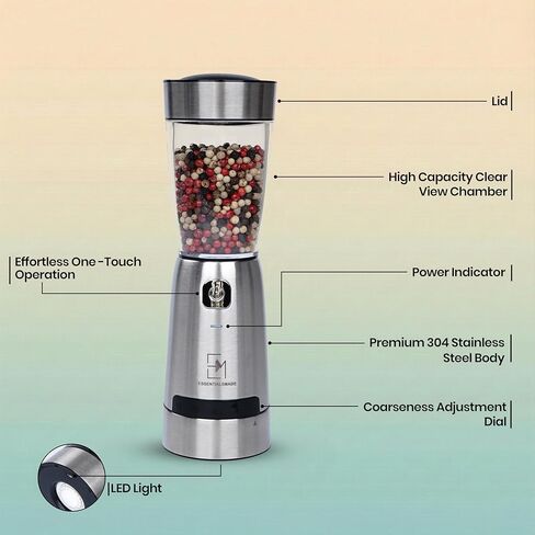 Electric Salt and Pepper Grinder Set – Rechargeable Stainless Steel Mills – Upgraded 800mAh Battery, Large 200ml Capacity, & 5 Adjustable Coarseness Levels – Kitchen Seasoning Tools in Kuwait