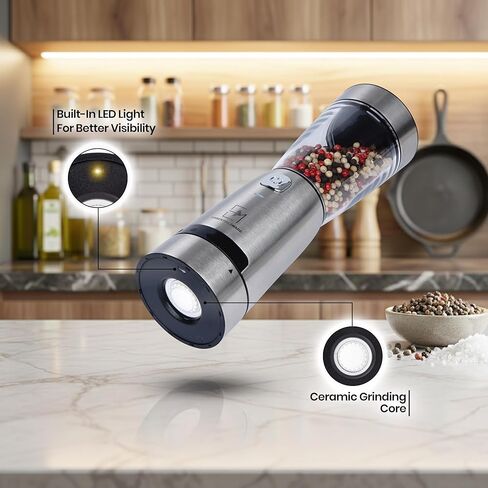 Electric Salt and Pepper Grinder Set – Rechargeable Stainless Steel Mills – Upgraded 800mAh Battery, Large 200ml Capacity, & 5 Adjustable Coarseness Levels – Kitchen Seasoning Tools in Kuwait