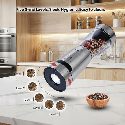 Electric Salt and Pepper Grinder Set – Rechargeable Stainless Steel Mills – Upgraded 800mAh Battery, Large 200ml Capacity, & 5 Adjustable Coarseness Levels – Kitchen Seasoning Tools in Kuwait
