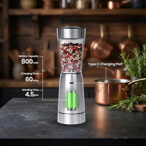 Electric Salt and Pepper Grinder Set – Rechargeable Stainless Steel Mills – Upgraded 800mAh Battery, Large 200ml Capacity, & 5 Adjustable Coarseness Levels – Kitchen Seasoning Tools in Kuwait